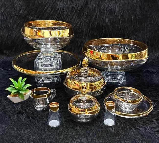 خرید و قیمت ظروف پذیرایی کریستال دور طلایی + فروش عمده